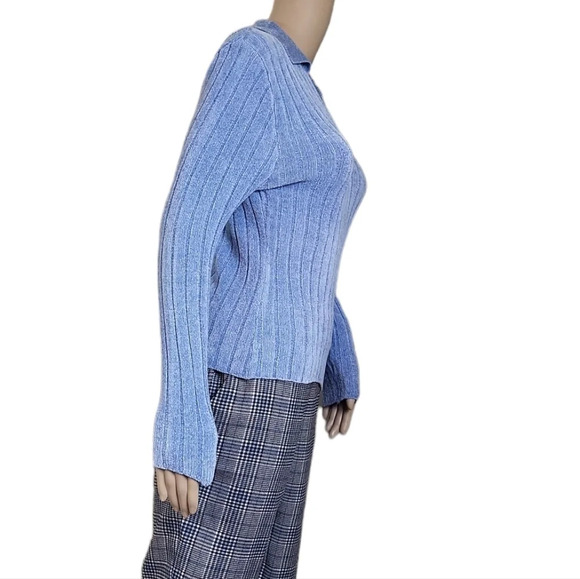 Y2K No Boundaries Open Collar Ribbed Sweater Blue - Picture 2 of 4